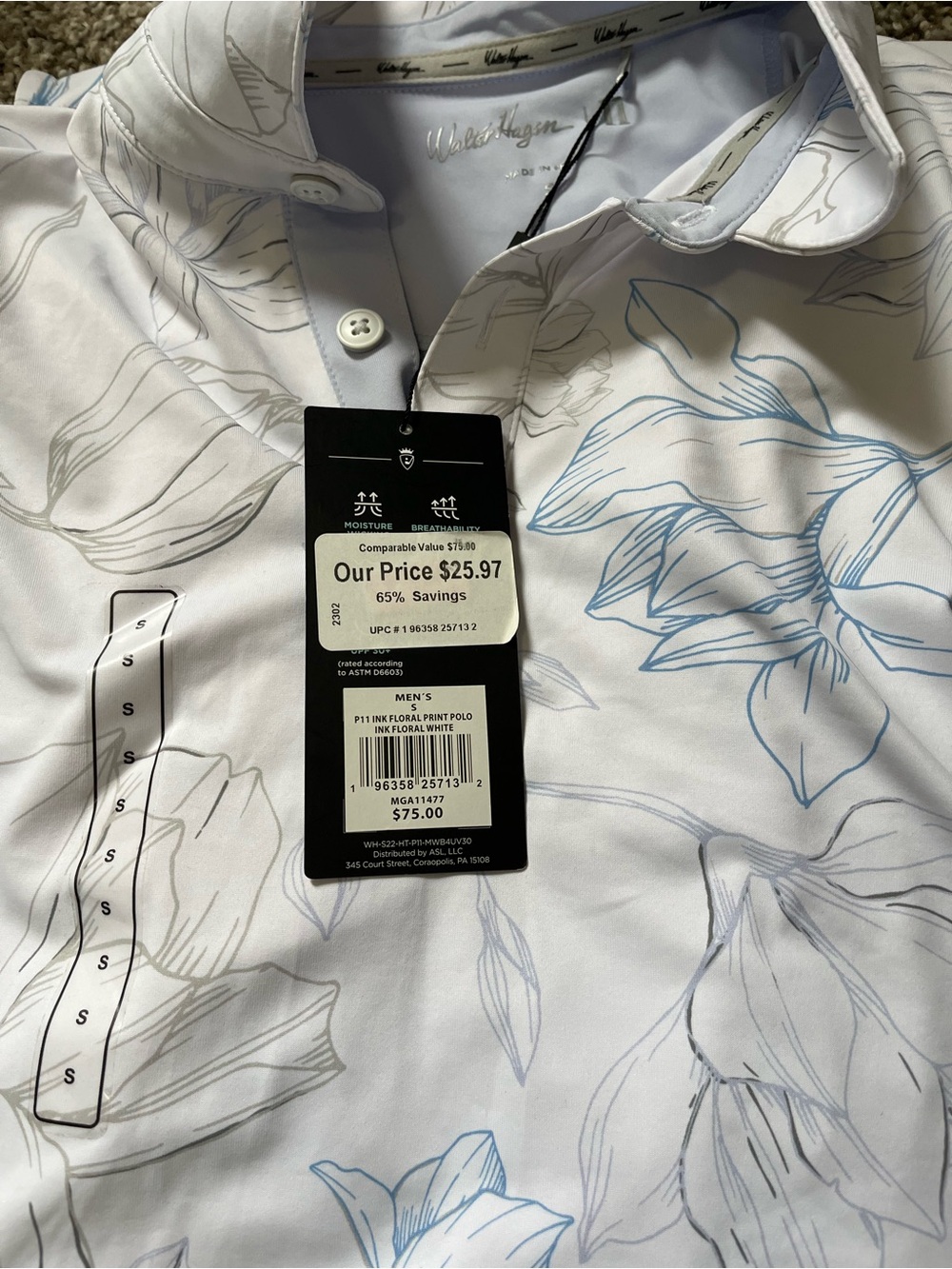Walter Hagen White Polo with Light Blue Floral Outline